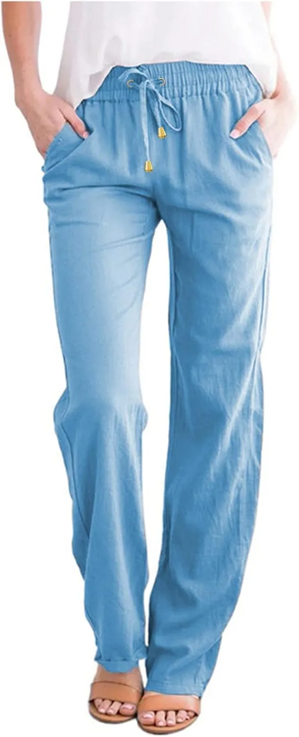 QWENTMTNTY Casual Summer Linen Pants for Women Loose Fit Elastic Waist Drawstring Trousers Comfy Beach Lounge Pants Pockets