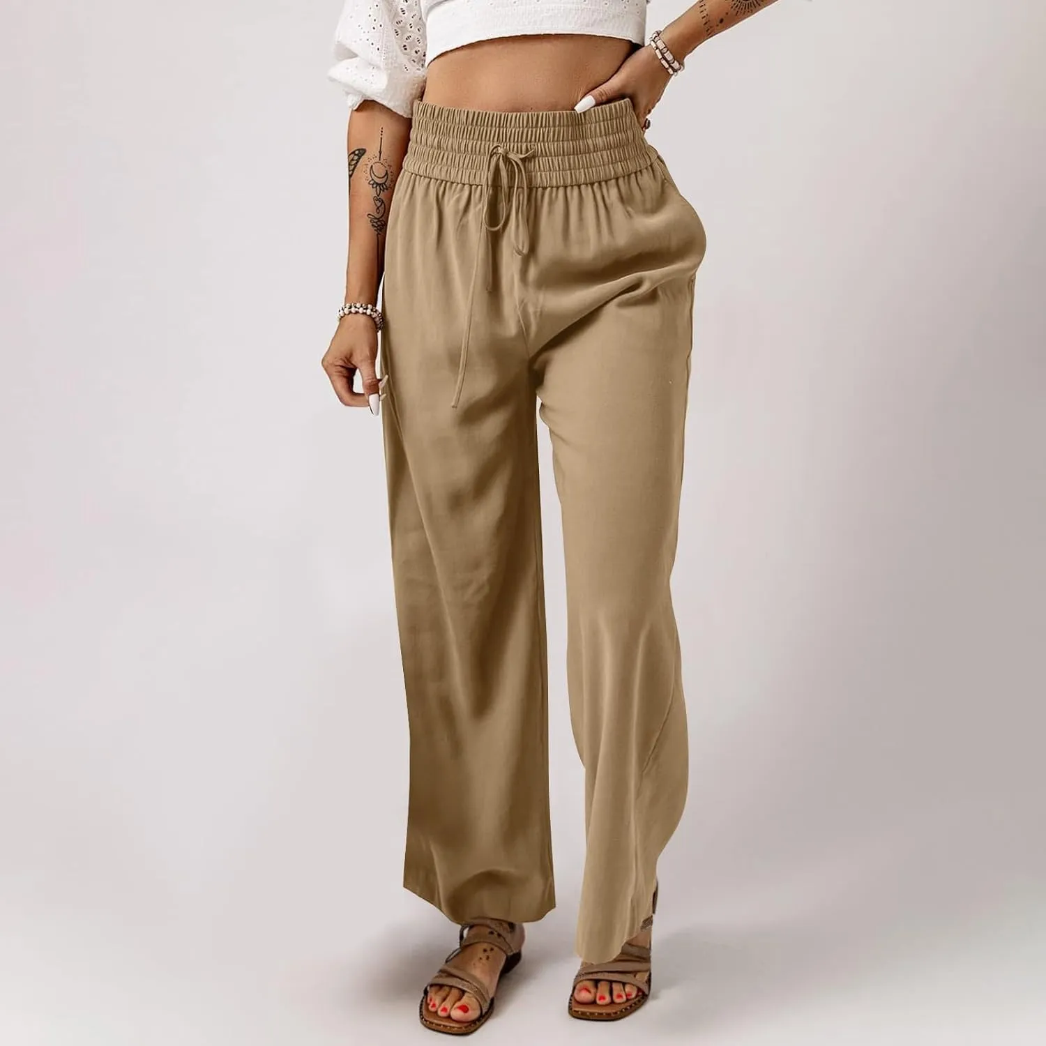 QWENTMTNTY High Waisted Palazzo Pants for Women Cotton Linen Wide Leg Casual Summer Plus Size Long Pants Trousers Pockets