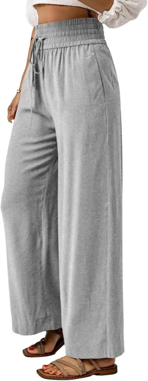 QWENTMTNTY High Waisted Palazzo Pants for Women Cotton Linen Wide Leg Casual Summer Plus Size Long Pants Trousers Pockets
