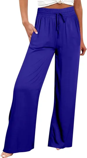 QWENTMTNTY High Waisted Palazzo Pants for Women Cotton Linen Wide Leg Casual Summer Plus Size Long Pants Trousers Pockets