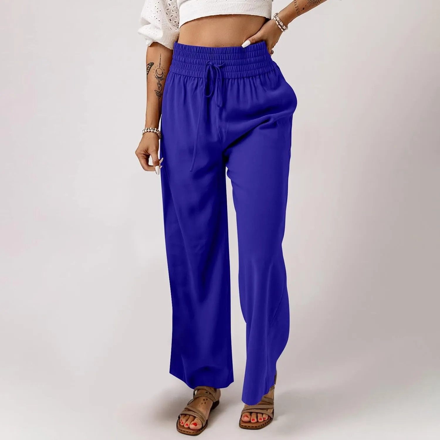 QWENTMTNTY High Waisted Palazzo Pants for Women Cotton Linen Wide Leg Casual Summer Plus Size Long Pants Trousers Pockets