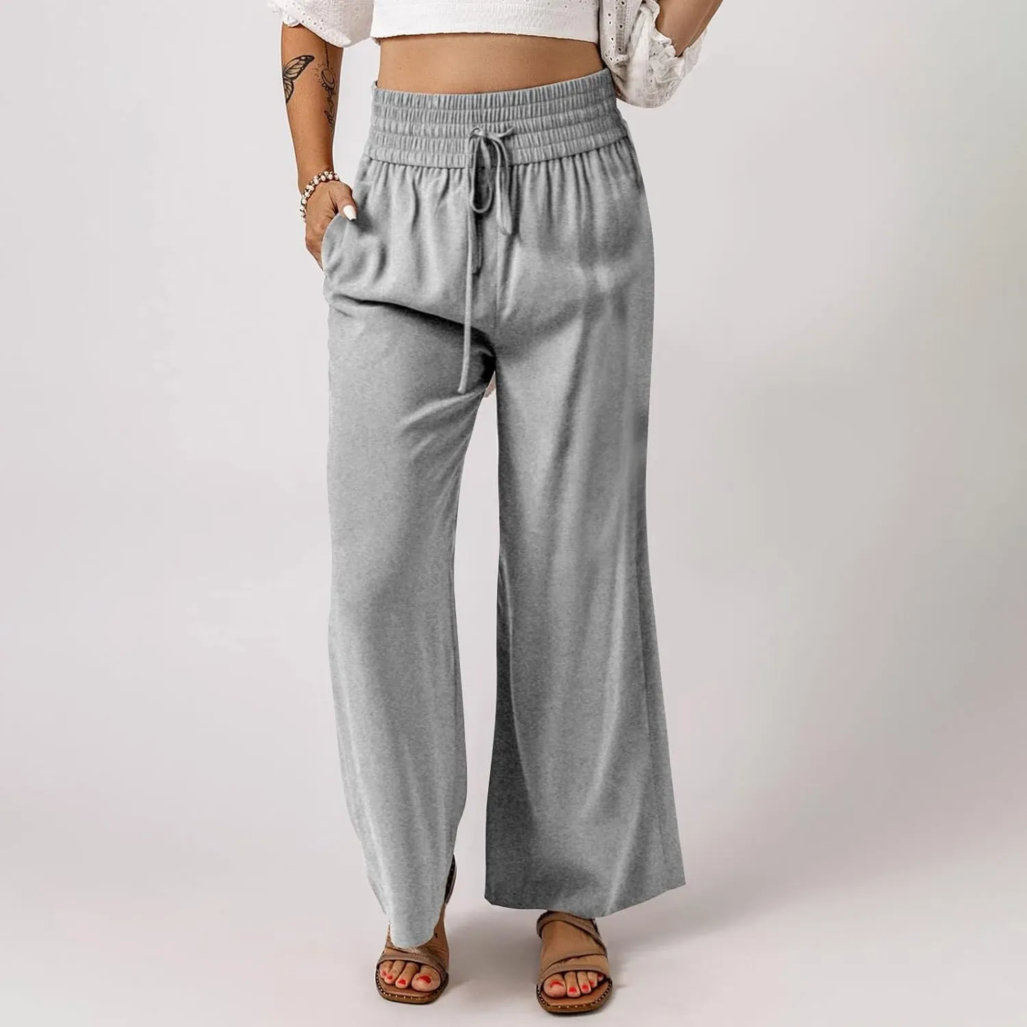 QWENTMTNTY High Waisted Palazzo Pants for Women Cotton Linen Wide Leg Casual Summer Plus Size Long Pants Trousers Pockets
