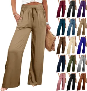 QWENTMTNTY High Waisted Palazzo Pants for Women Cotton Linen Wide Leg Casual Summer Plus Size Long Pants Trousers Pockets