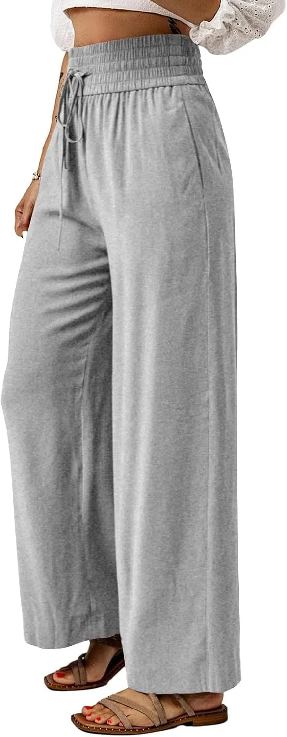 QWENTMTNTY High Waisted Palazzo Pants for Women Cotton Linen Wide Leg Casual Summer Plus Size Long Pants Trousers Pockets