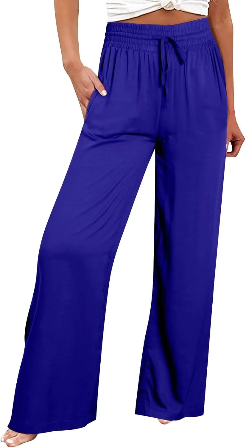 QWENTMTNTY High Waisted Palazzo Pants for Women Cotton Linen Wide Leg Casual Summer Plus Size Long Pants Trousers Pockets