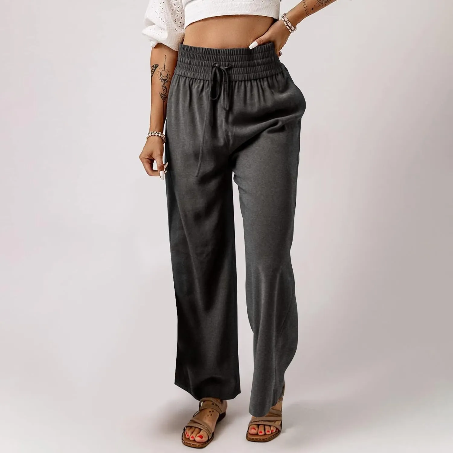 QWENTMTNTY High Waisted Palazzo Pants for Women Cotton Linen Wide Leg Casual Summer Plus Size Long Pants Trousers Pockets