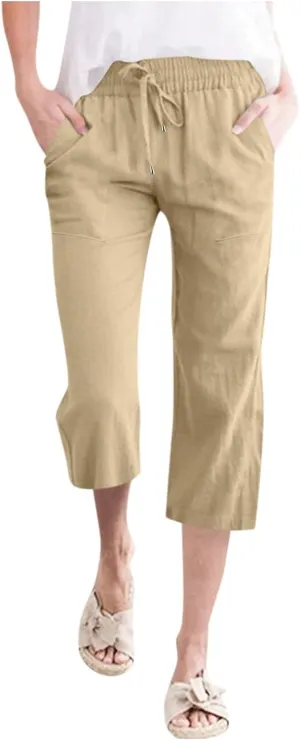 QWENTMTNTY Linen Capri Pants for Women Plus Size Wide Leg Casual Summer Elastic Waisted Drawstring Cropped Trousers Pockets