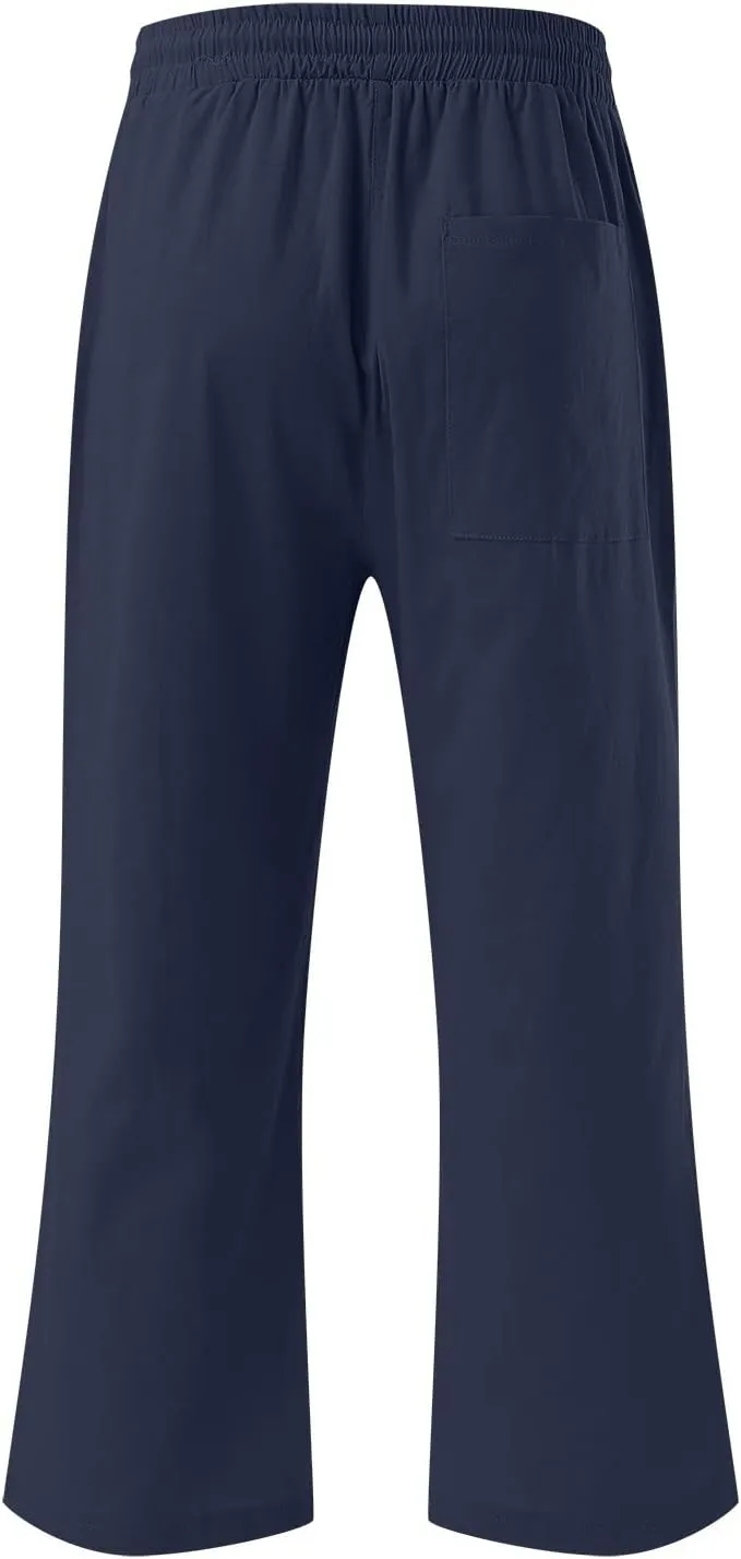 QWENTMTNTY Linen Capri Pants for Women Plus Size Wide Leg Casual Summer Elastic Waisted Drawstring Cropped Trousers Pockets