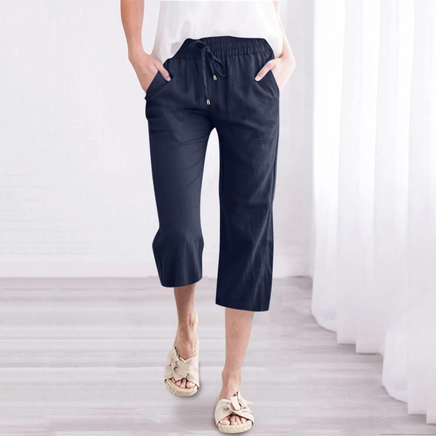 QWENTMTNTY Linen Capri Pants for Women Plus Size Wide Leg Casual Summer Elastic Waisted Drawstring Cropped Trousers Pockets