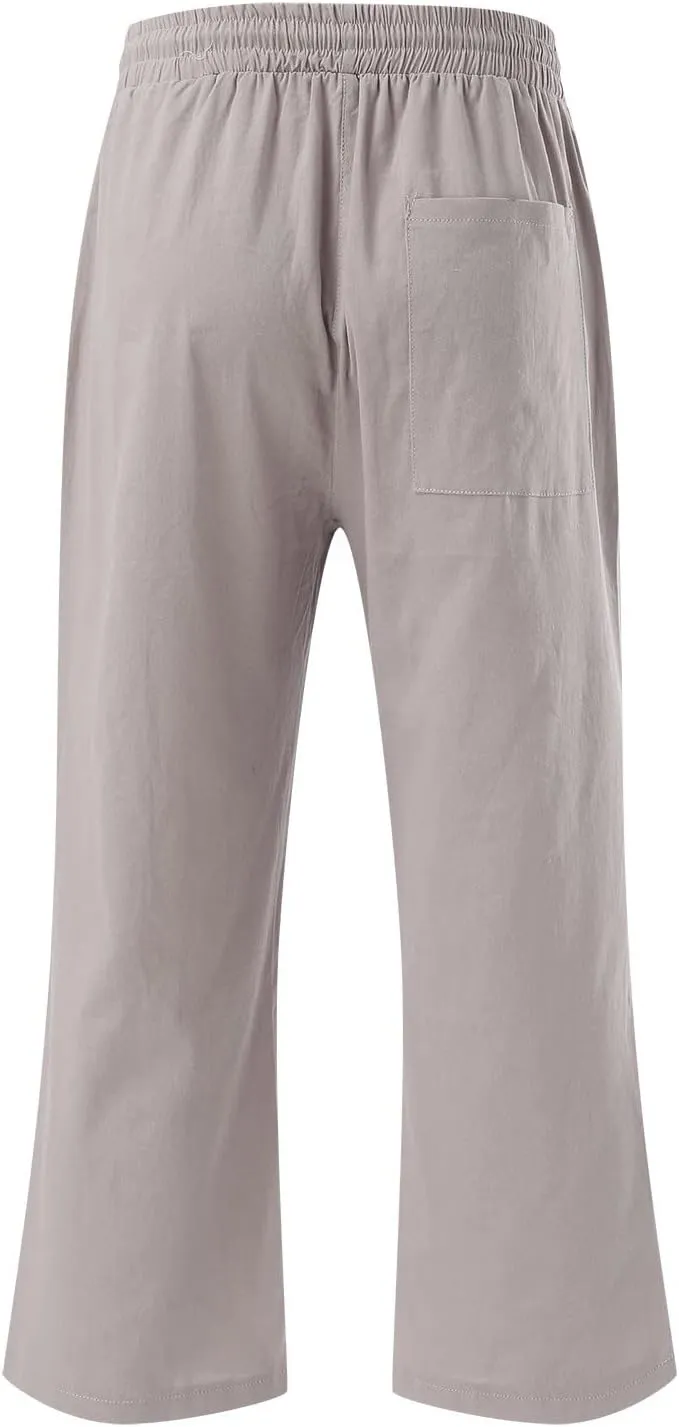 QWENTMTNTY Linen Capri Pants for Women Plus Size Wide Leg Casual Summer Elastic Waisted Drawstring Cropped Trousers Pockets