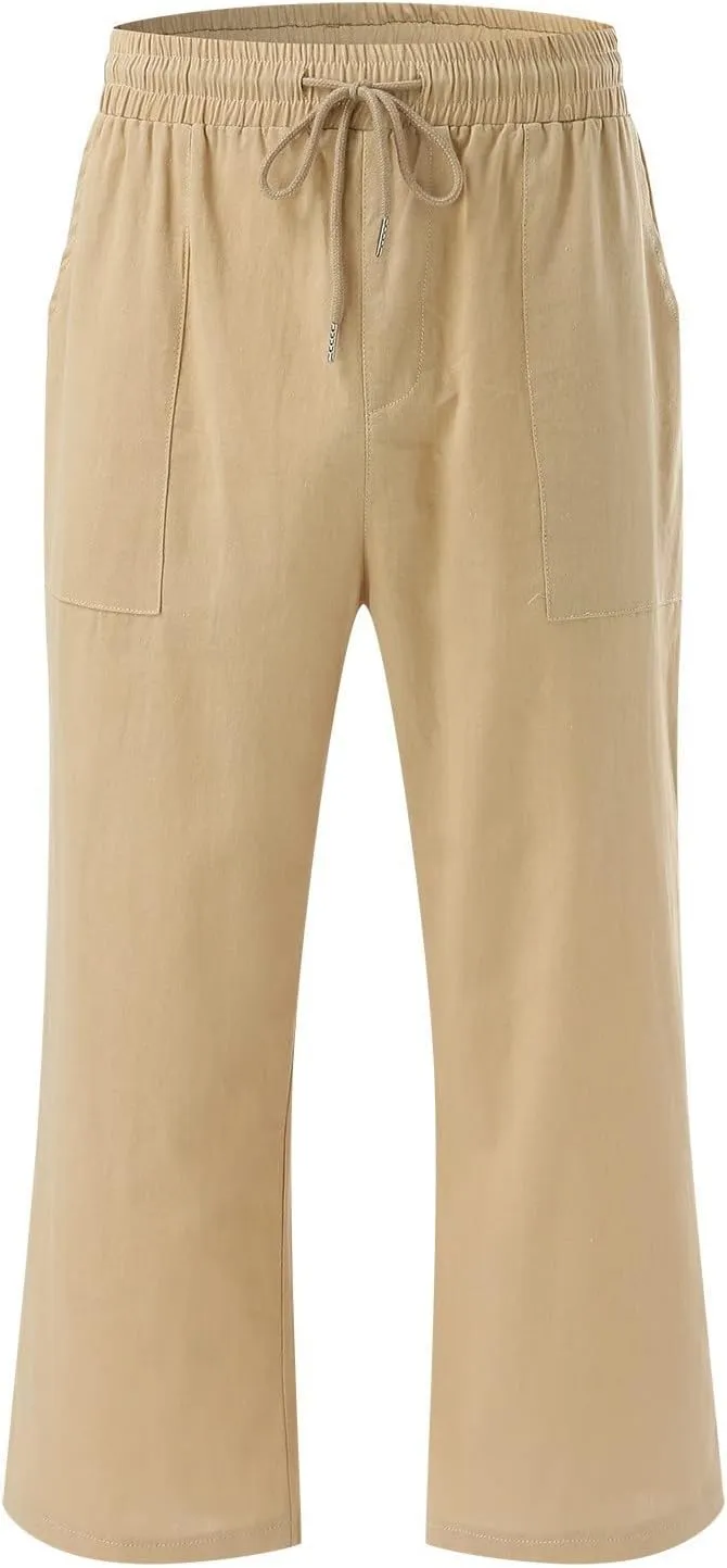 QWENTMTNTY Linen Capri Pants for Women Plus Size Wide Leg Casual Summer Elastic Waisted Drawstring Cropped Trousers Pockets