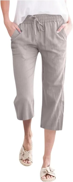 QWENTMTNTY Linen Capri Pants for Women Plus Size Wide Leg Casual Summer Elastic Waisted Drawstring Cropped Trousers Pockets