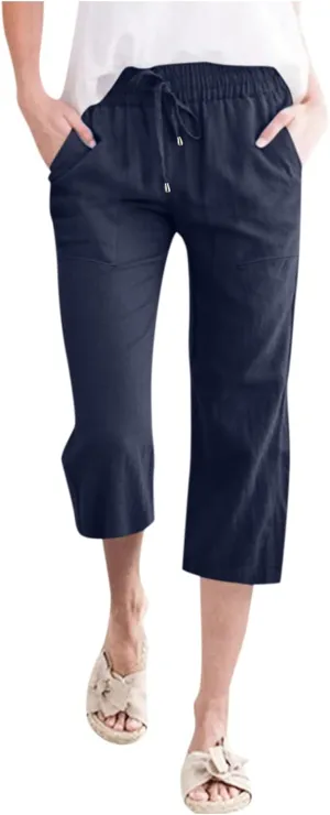 QWENTMTNTY Linen Capri Pants for Women Plus Size Wide Leg Casual Summer Elastic Waisted Drawstring Cropped Trousers Pockets