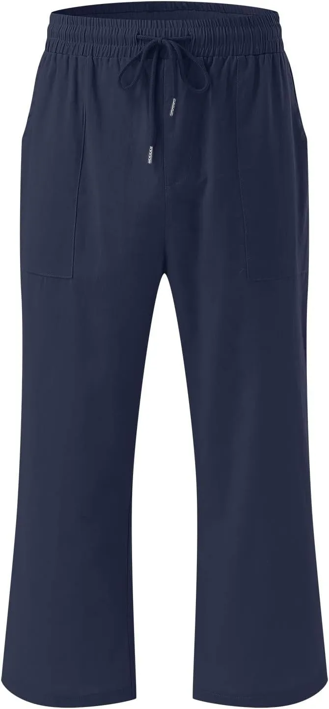 QWENTMTNTY Linen Capri Pants for Women Plus Size Wide Leg Casual Summer Elastic Waisted Drawstring Cropped Trousers Pockets
