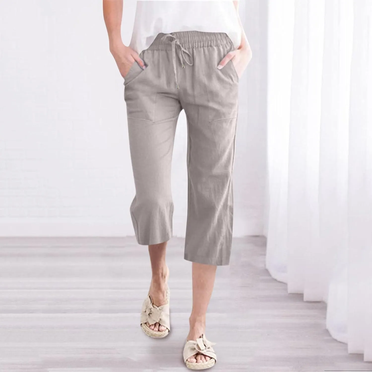 QWENTMTNTY Linen Capri Pants for Women Plus Size Wide Leg Casual Summer Elastic Waisted Drawstring Cropped Trousers Pockets
