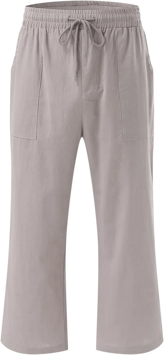 QWENTMTNTY Linen Capri Pants for Women Plus Size Wide Leg Casual Summer Elastic Waisted Drawstring Cropped Trousers Pockets