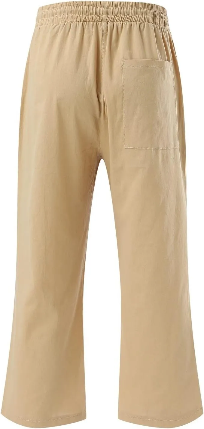 QWENTMTNTY Linen Capri Pants for Women Plus Size Wide Leg Casual Summer Elastic Waisted Drawstring Cropped Trousers Pockets