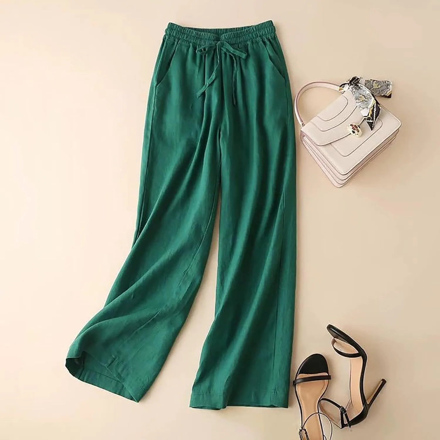 QWENTMTNTY Wide Leg Linen Pants for Women High Waisted Plus Size Casual Summer Pants Drawstring Elastic Straight Leg Pants