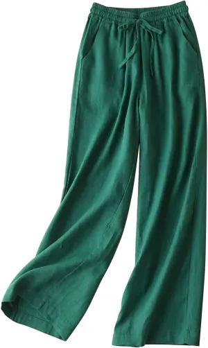 QWENTMTNTY Wide Leg Linen Pants for Women High Waisted Plus Size Casual Summer Pants Drawstring Elastic Straight Leg Pants