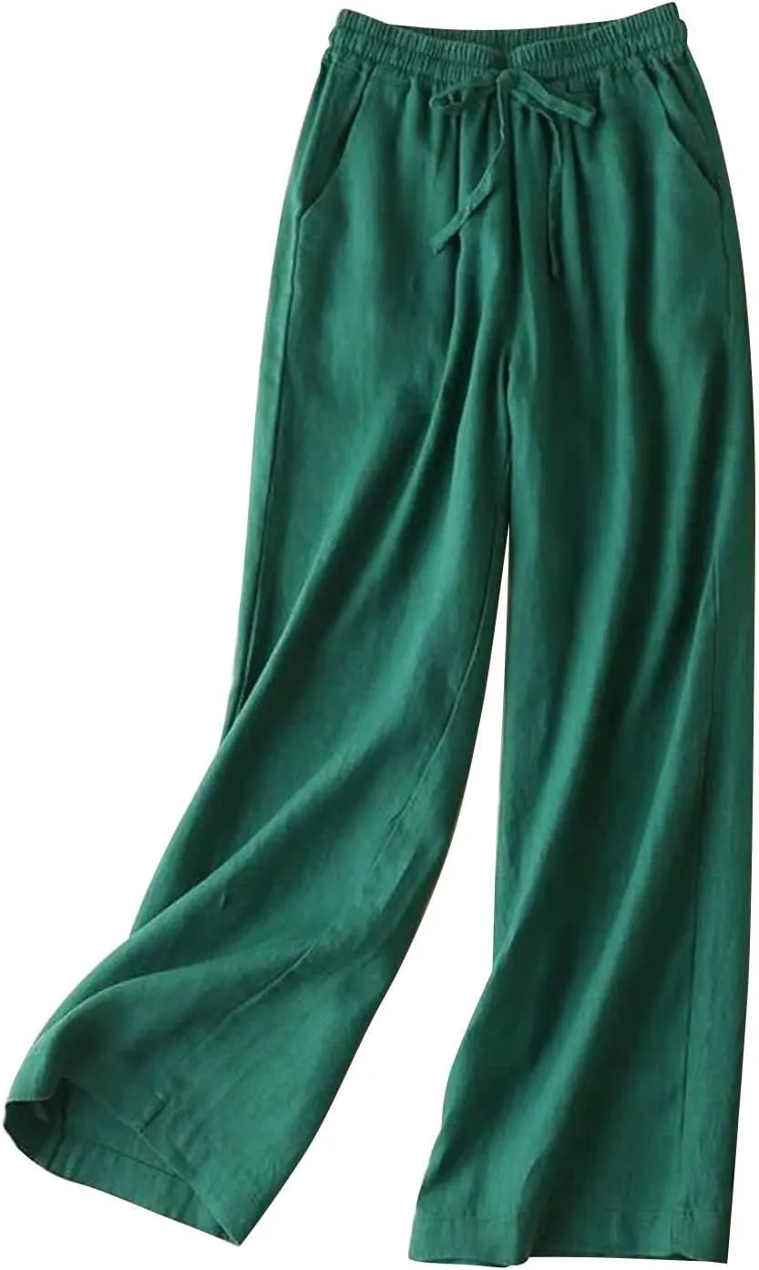 QWENTMTNTY Wide Leg Linen Pants for Women High Waisted Plus Size Casual Summer Pants Drawstring Elastic Straight Leg Pants
