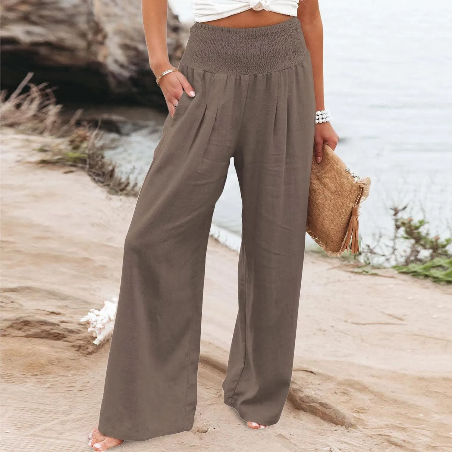 QWENTMTNTY Wide Leg Palazzo Pants for Women Cotton Linen High Waisted Plus Size Summer Pants Casual Work Dressy Trousers