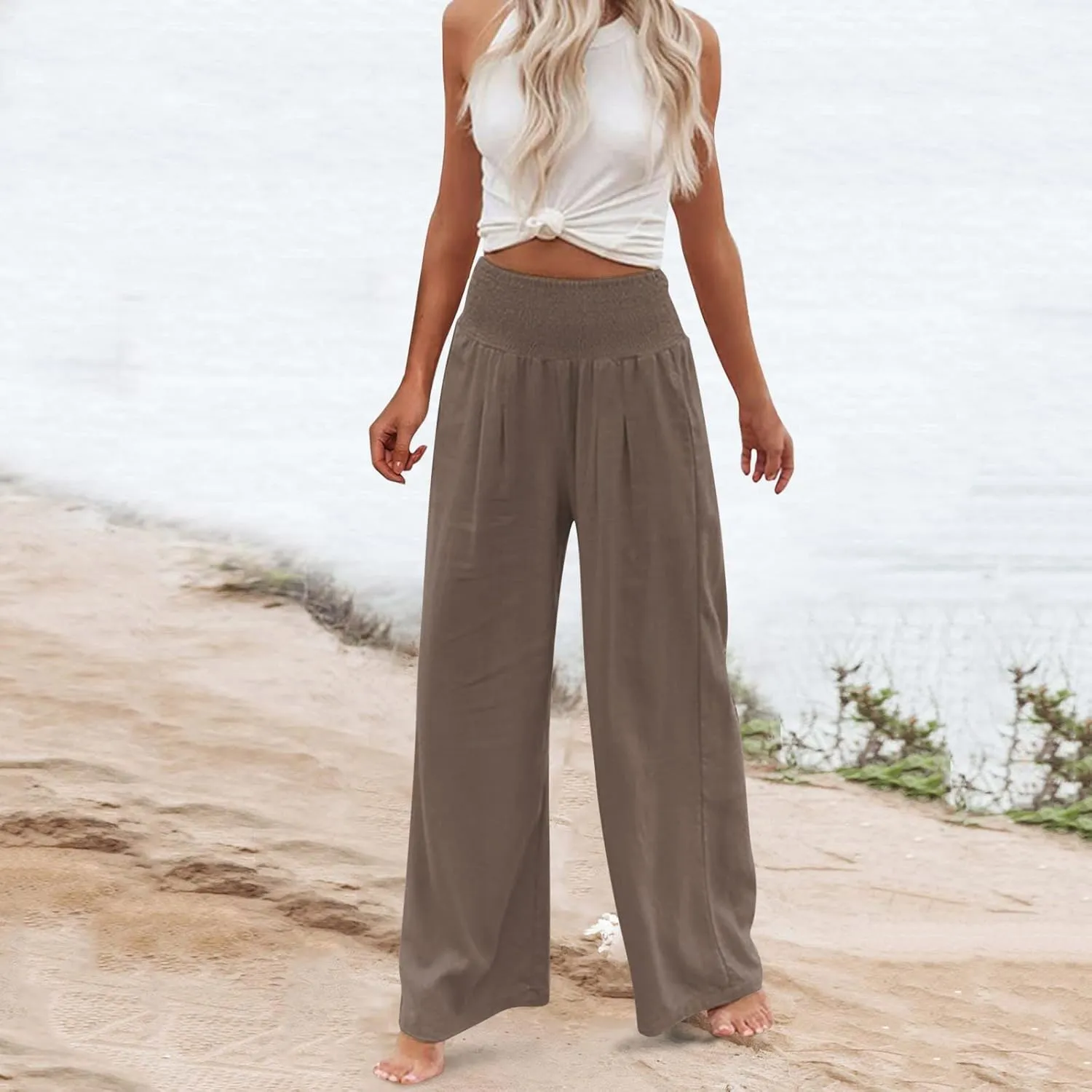 QWENTMTNTY Wide Leg Palazzo Pants for Women Cotton Linen High Waisted Plus Size Summer Pants Casual Work Dressy Trousers