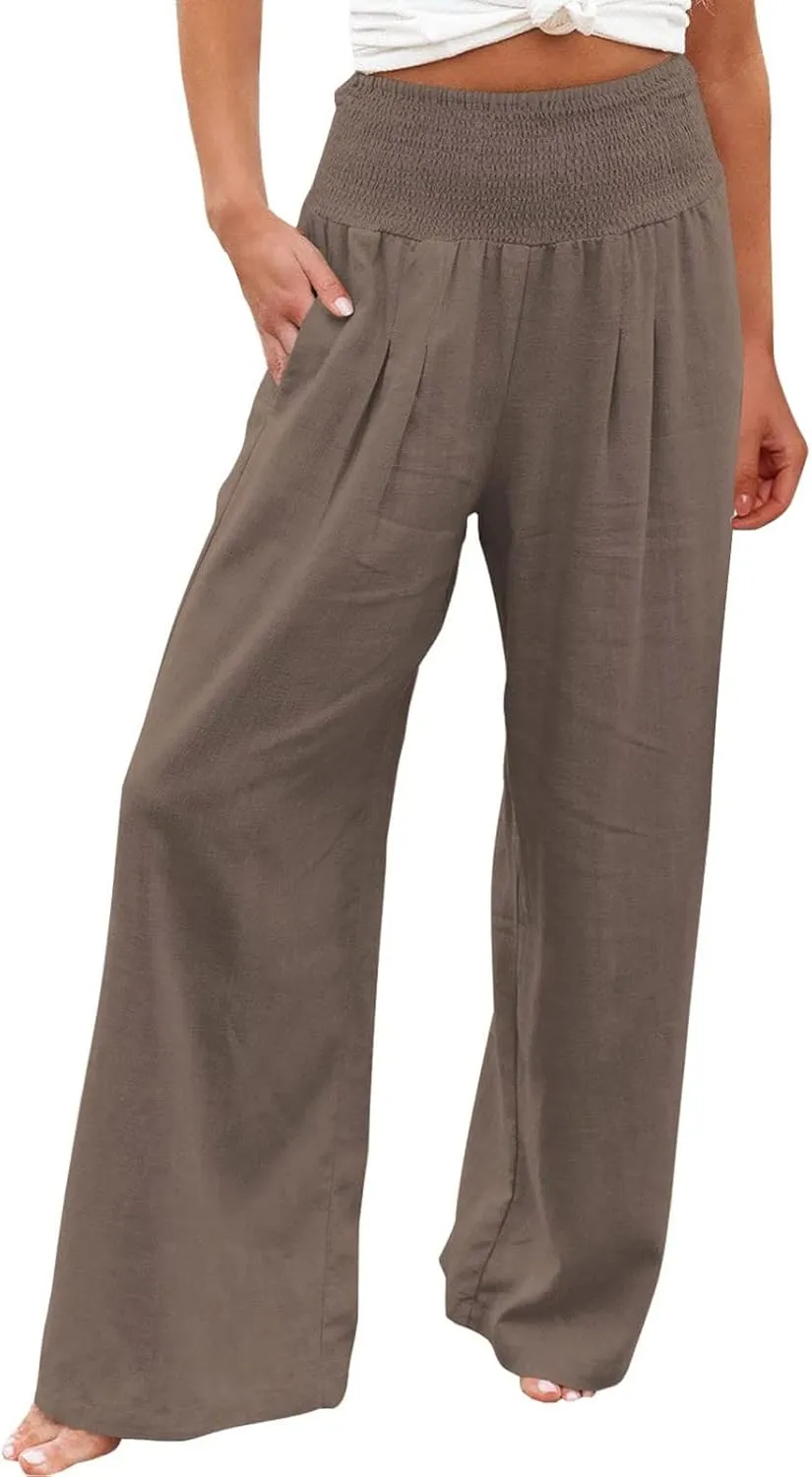 QWENTMTNTY Wide Leg Palazzo Pants for Women Cotton Linen High Waisted Plus Size Summer Pants Casual Work Dressy Trousers