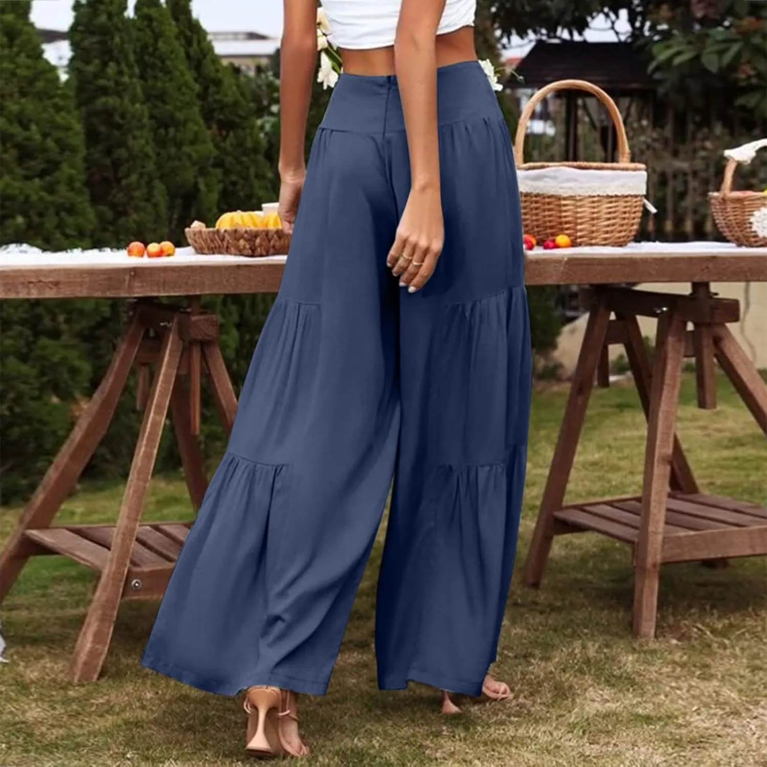 QWENTMTNTY Wide Legged Pants for Women Dressy Casual 2024 Cotton Linen Palazzo Pants Smocked High Waisted Summer Trousers