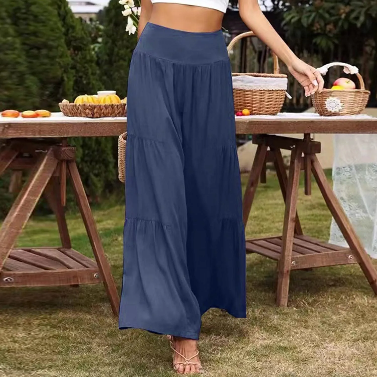 QWENTMTNTY Wide Legged Pants for Women Dressy Casual 2024 Cotton Linen Palazzo Pants Smocked High Waisted Summer Trousers