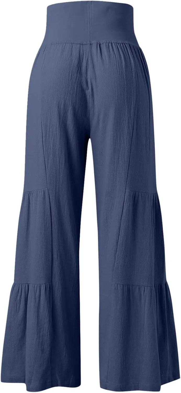 QWENTMTNTY Wide Legged Pants for Women Dressy Casual 2024 Cotton Linen Palazzo Pants Smocked High Waisted Summer Trousers