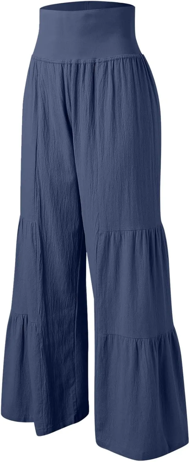 QWENTMTNTY Wide Legged Pants for Women Dressy Casual 2024 Cotton Linen Palazzo Pants Smocked High Waisted Summer Trousers