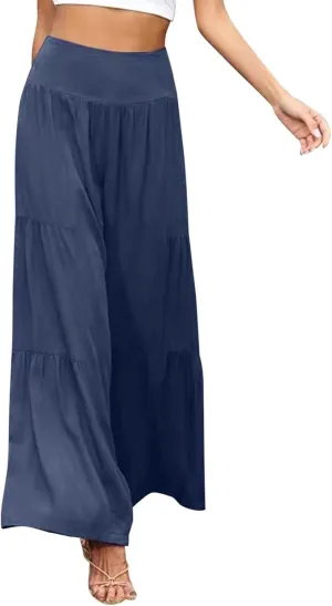 QWENTMTNTY Wide Legged Pants for Women Dressy Casual 2024 Cotton Linen Palazzo Pants Smocked High Waisted Summer Trousers