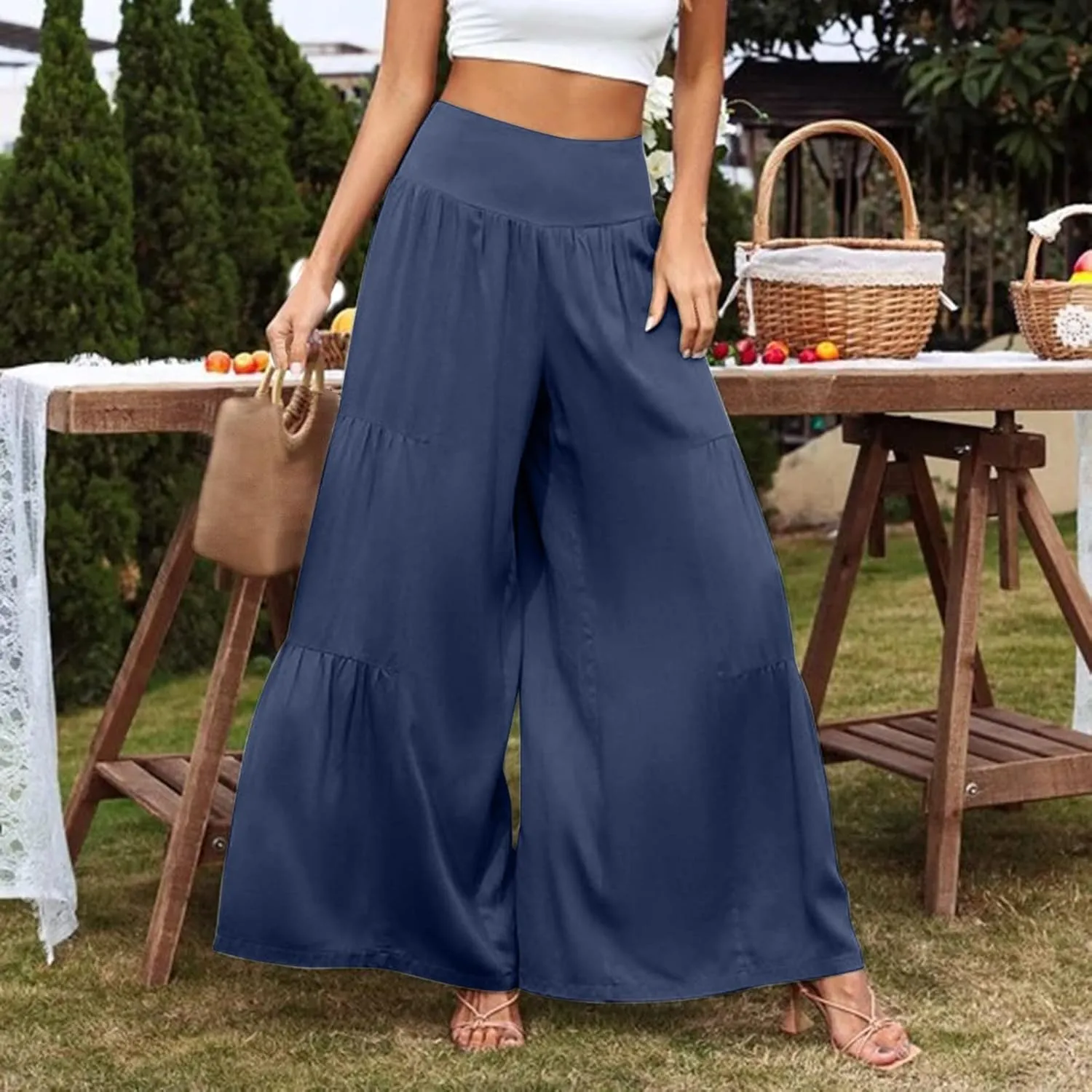 QWENTMTNTY Wide Legged Pants for Women Dressy Casual 2024 Cotton Linen Palazzo Pants Smocked High Waisted Summer Trousers