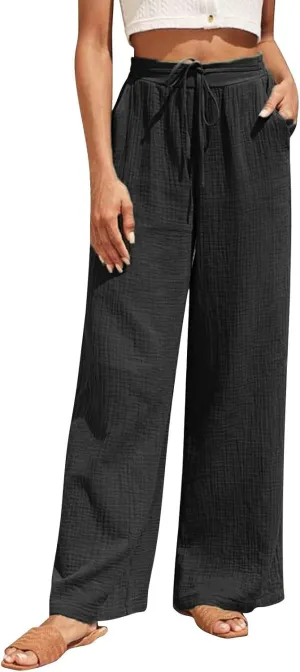 QWENTMTNTY Women's Cotton Linen Casual Summer Drawstring Pants Elastic High Waist Wide Leg Pants Loose Trousers with Pockets