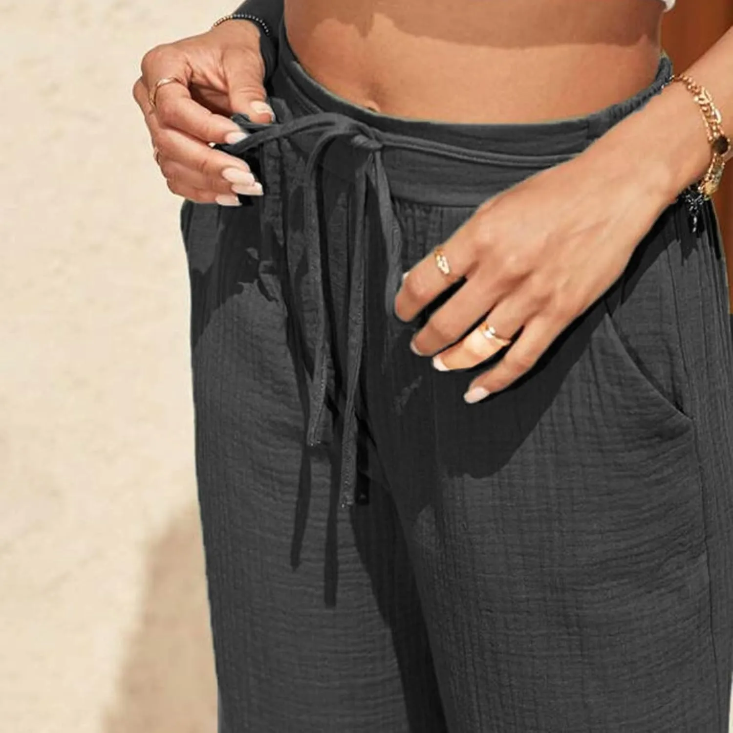 QWENTMTNTY Women's Cotton Linen Casual Summer Drawstring Pants Elastic High Waist Wide Leg Pants Loose Trousers with Pockets