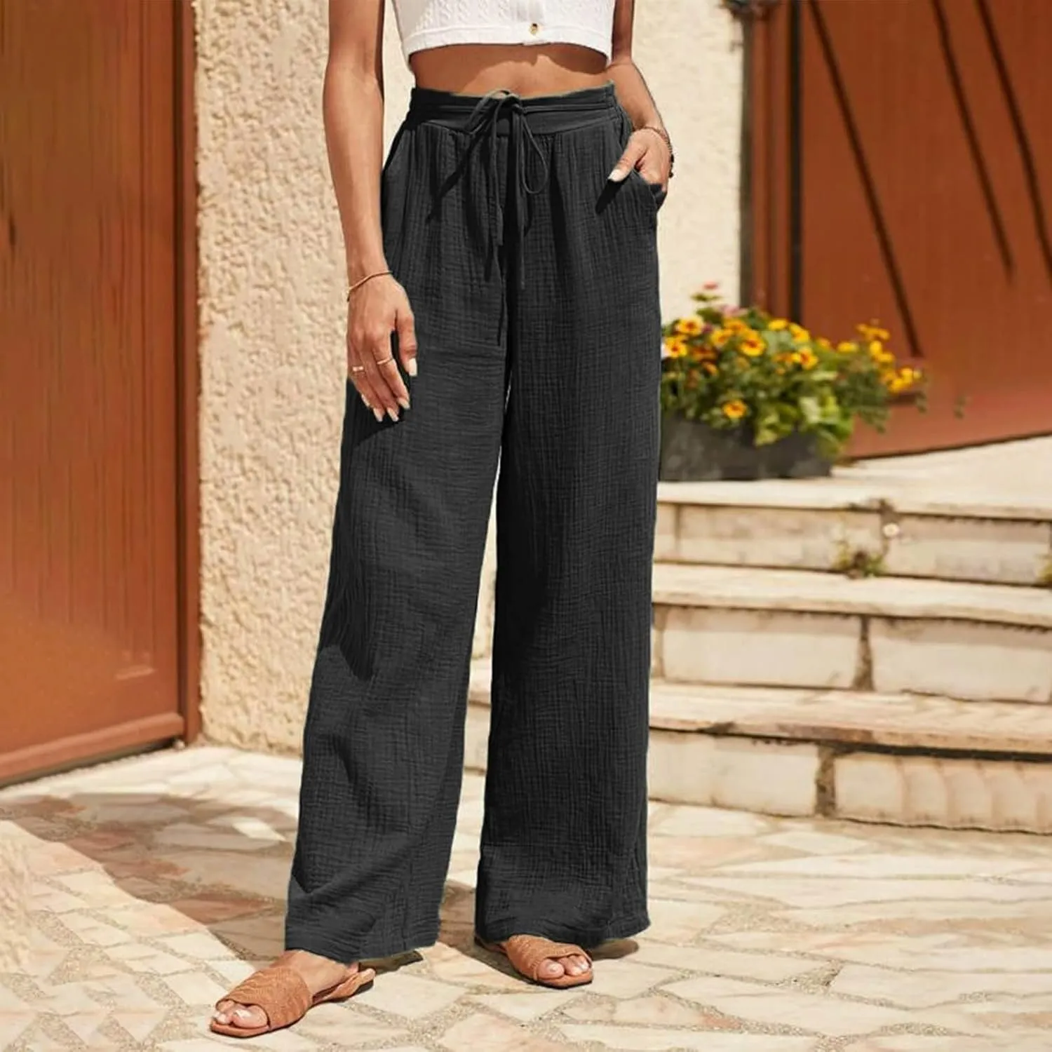 QWENTMTNTY Women's Cotton Linen Casual Summer Drawstring Pants Elastic High Waist Wide Leg Pants Loose Trousers with Pockets