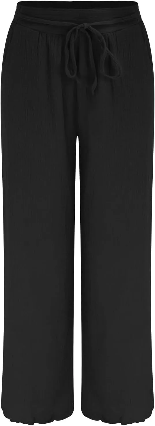 QWENTMTNTY Women's Cotton Linen Casual Summer Drawstring Pants Elastic High Waist Wide Leg Pants Loose Trousers with Pockets
