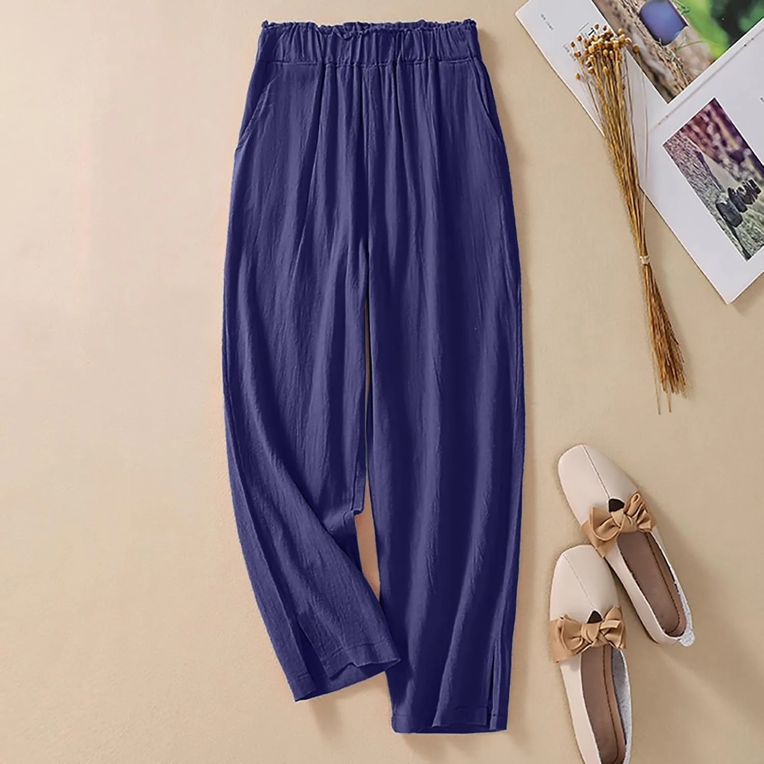 QWENTMTNTY Womens Linen High Waist Wide Leg Capri Pants Comfy Cotton Straight Casual Dressy Summer Cropped Palazzo Pants