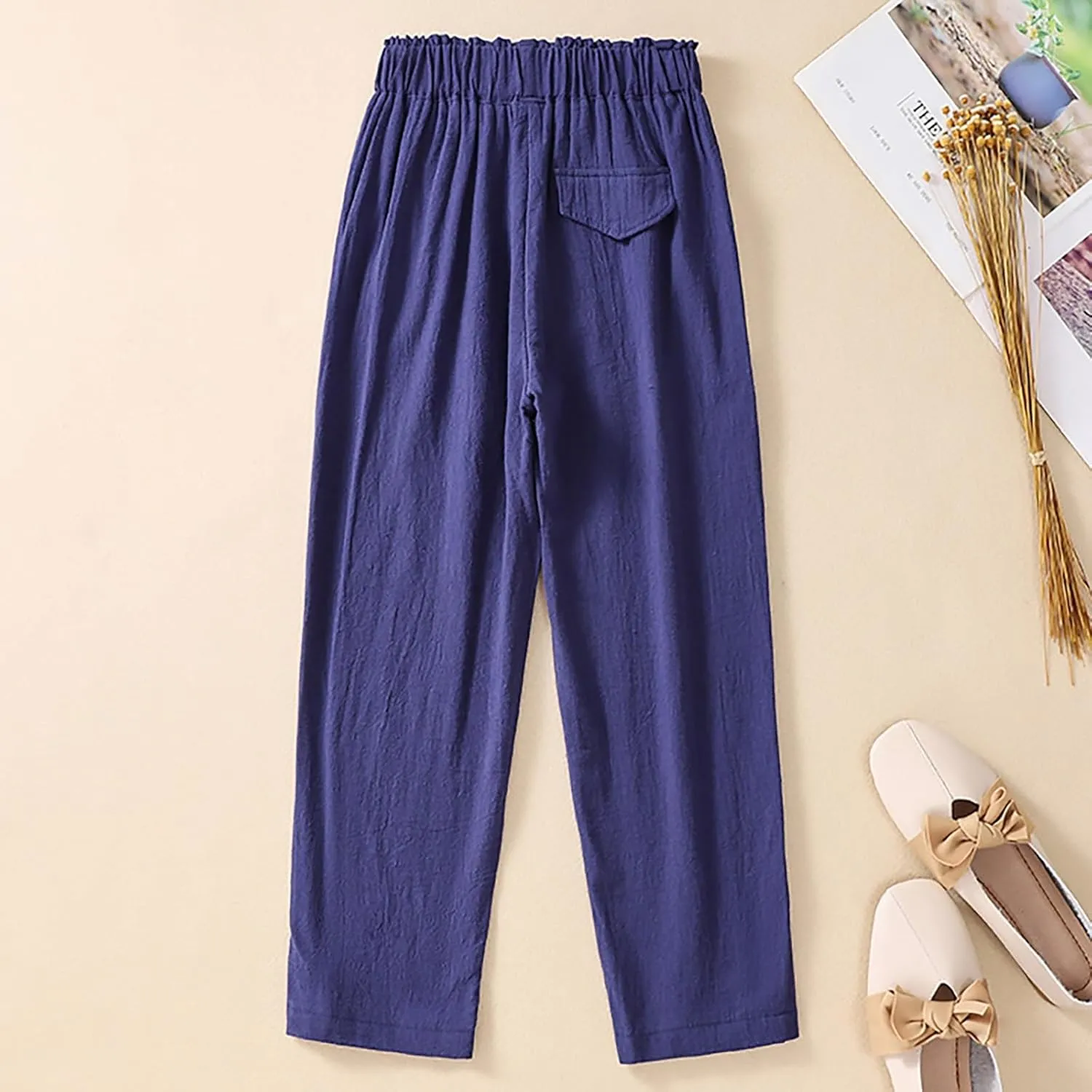 QWENTMTNTY Womens Linen High Waist Wide Leg Capri Pants Comfy Cotton Straight Casual Dressy Summer Cropped Palazzo Pants
