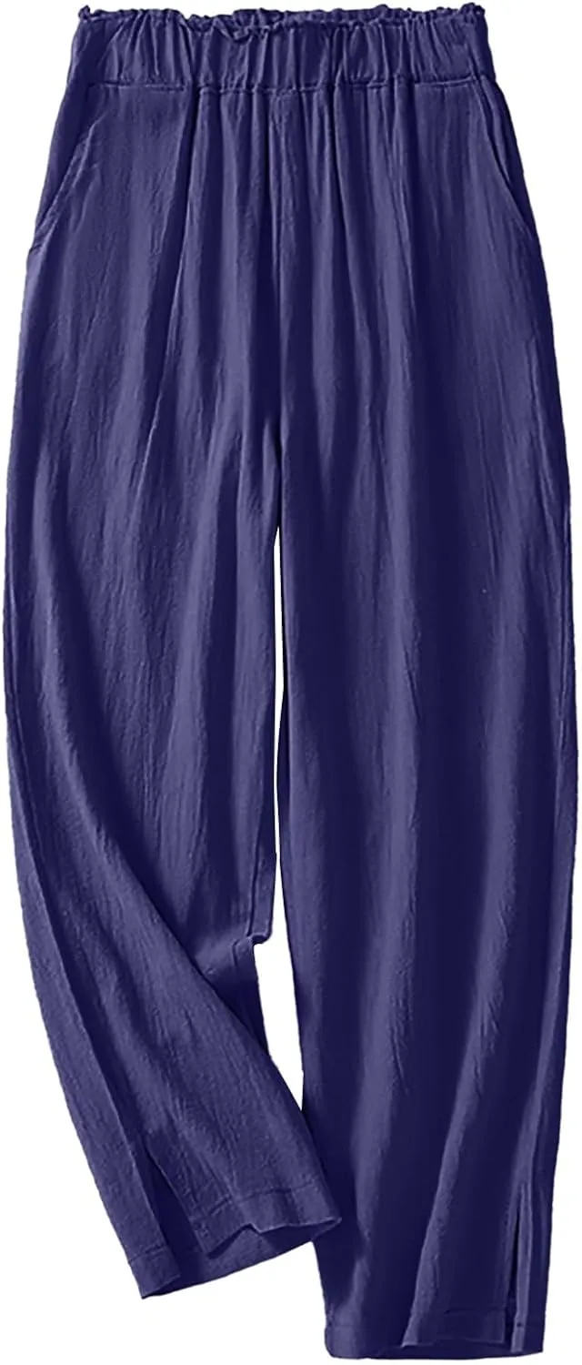 QWENTMTNTY Womens Linen High Waist Wide Leg Capri Pants Comfy Cotton Straight Casual Dressy Summer Cropped Palazzo Pants