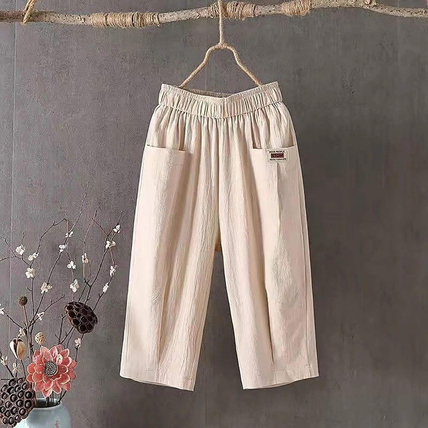 QWENTMTNTY Womens Linen High Waist Wide Leg Capri Pants Comfy Cotton Straight Casual Dressy Summer Cropped Palazzo Pants