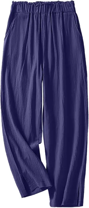 QWENTMTNTY Womens Linen High Waist Wide Leg Capri Pants Comfy Cotton Straight Casual Dressy Summer Cropped Palazzo Pants