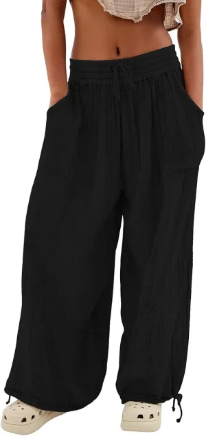 QWENTMTNTY Womens Summer Baggy Pants Cotton Linen Elastic Waisted Wide Leg Pants Pockets Comfy Casual Plus Size Haram Pants