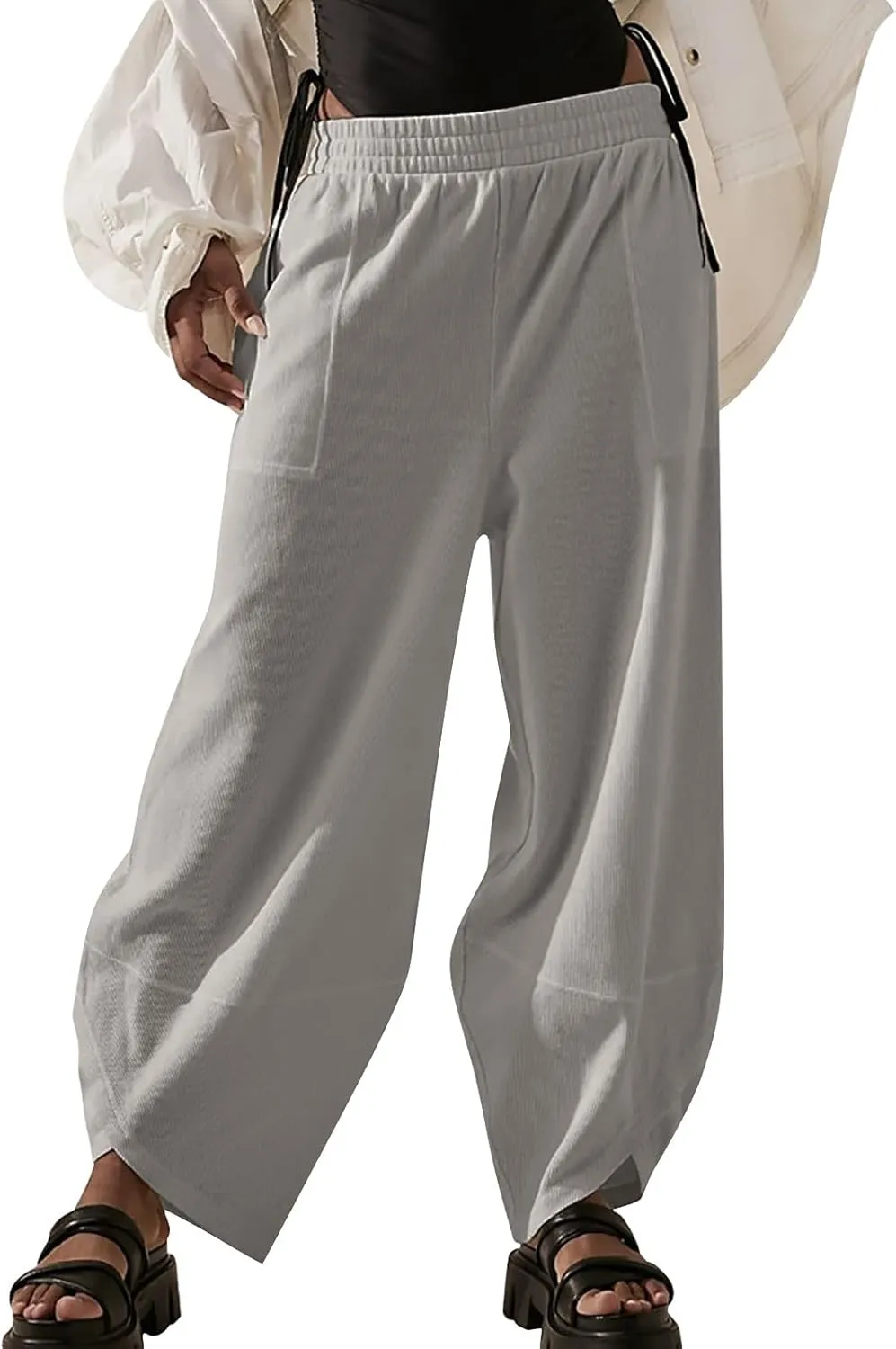 QWENTMTNTY Womens Summer Baggy Pants Cotton Linen Elastic Waisted Wide Leg Pants Pockets Comfy Casual Plus Size Haram Pants