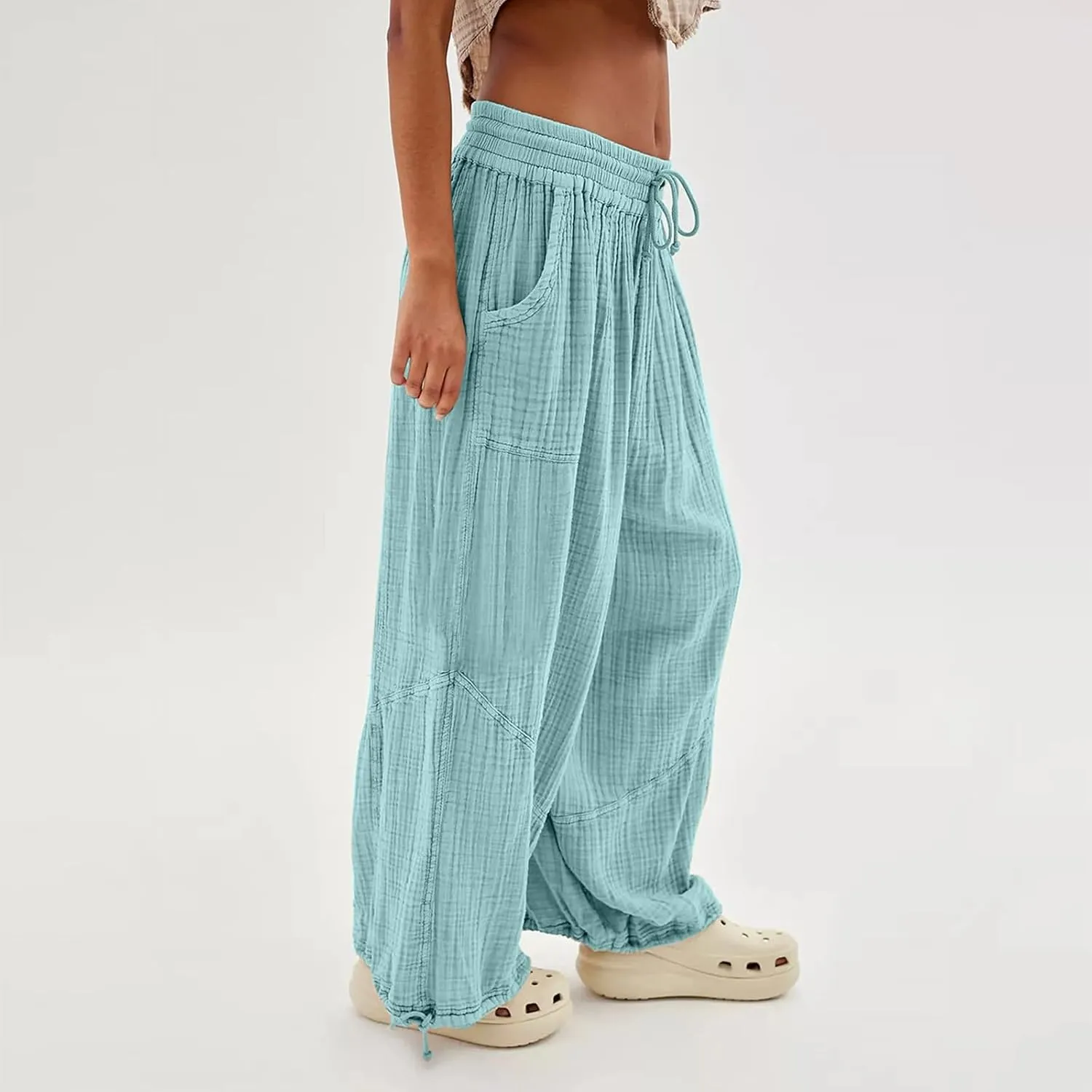 QWENTMTNTY Womens Summer Baggy Pants Cotton Linen Elastic Waisted Wide Leg Pants Pockets Comfy Casual Plus Size Haram Pants