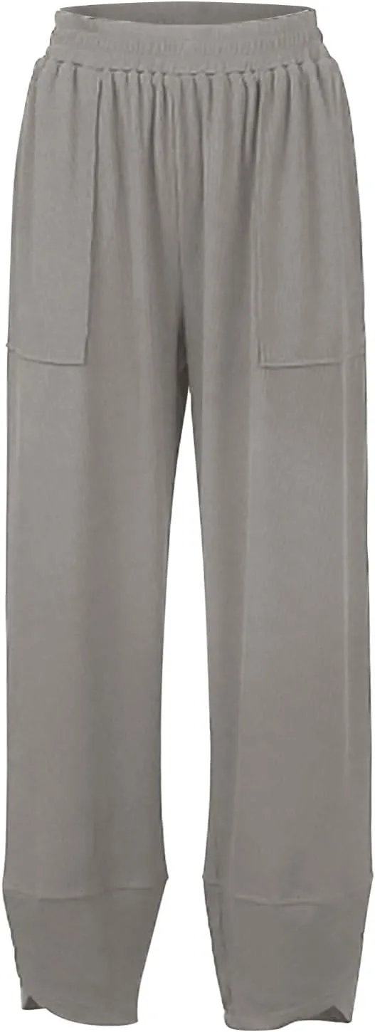 QWENTMTNTY Womens Summer Baggy Pants Cotton Linen Elastic Waisted Wide Leg Pants Pockets Comfy Casual Plus Size Haram Pants