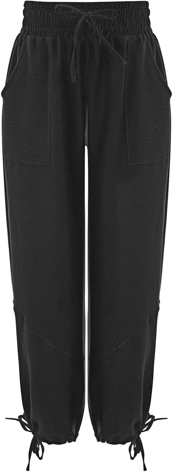 QWENTMTNTY Womens Summer Baggy Pants Cotton Linen Elastic Waisted Wide Leg Pants Pockets Comfy Casual Plus Size Haram Pants