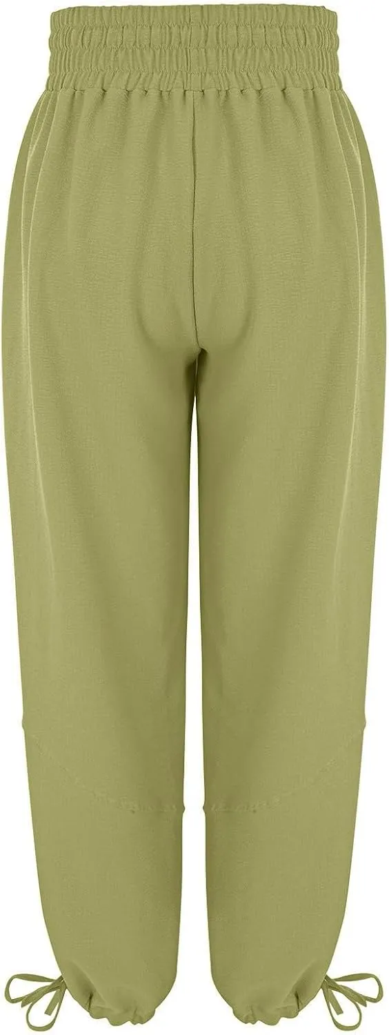 QWENTMTNTY Womens Summer Baggy Pants Cotton Linen Elastic Waisted Wide Leg Pants Pockets Comfy Casual Plus Size Haram Pants