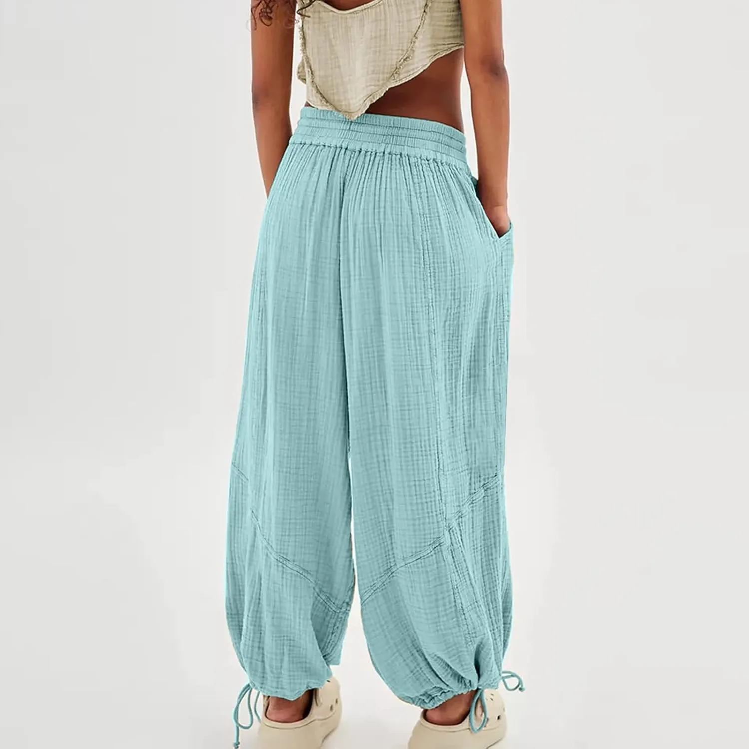 QWENTMTNTY Womens Summer Baggy Pants Cotton Linen Elastic Waisted Wide Leg Pants Pockets Comfy Casual Plus Size Haram Pants