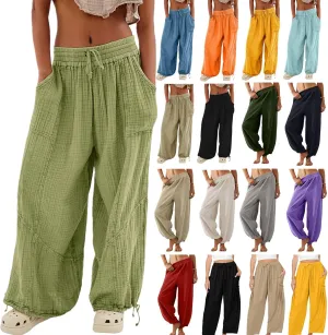 QWENTMTNTY Womens Summer Baggy Pants Cotton Linen Elastic Waisted Wide Leg Pants Pockets Comfy Casual Plus Size Haram Pants